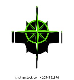 Wind rose sign. Vector. Green 3d icon with black side on white background. Isolated.