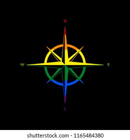 Wind rose sign. Vector. Icon with colors of LGBT flag at black background.