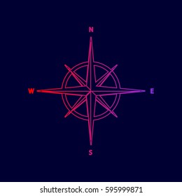 Wind rose sign. Vector. Line icon with gradient from red to violet colors on dark blue background.