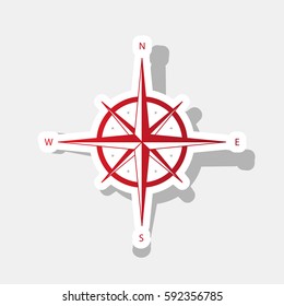 Wind rose sign. Vector. New year reddish icon with outside stroke and gray shadow on light gray background.