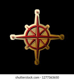 Wind rose sign. Vector. Red icon with small black and limitless shadows at golden sticker on black background.
