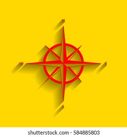 Wind rose sign. Vector. Red icon with soft shadow on golden background.