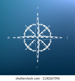 Wind rose sign. Vector. White textured icon at lapis lazuli gradient background.