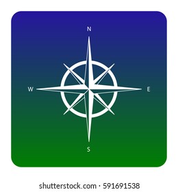 Wind rose sign. Vector. White icon at green-blue gradient square with rounded corners on white background. Isolated.