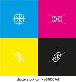 Wind rose sign. Vector. White icon with isometric projections on cyan, magenta, yellow and black backgrounds.