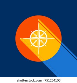 Wind rose sign. Vector. White icon on tangelo circle with infinite shadow of light at cool black background. Selective yellow and bright navy blue are produced.