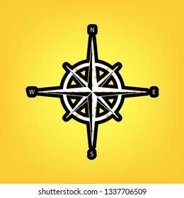 Wind rose sign. Vector. Yellow polka dot white icon with black contour at warm yellow background.
