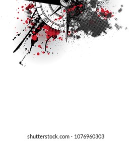 Wind rose silhouette with different grunge blots and splashes black and red colors. With halftones and blood blobs isolated on white background