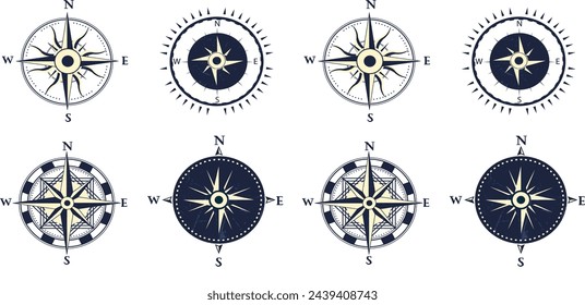 Wind rose Silhouette Icons isolated Set. Compass Nautical Navigator Cartography Glyph Pictogram. Rose Wind Navigator Icon. Adventure Direction to North South West East Sign