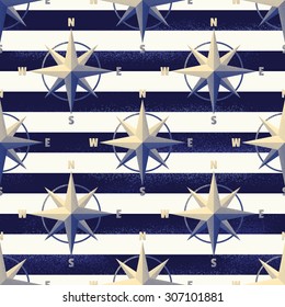 Wind rose and striped vest seamless pattern. Retro marine background
