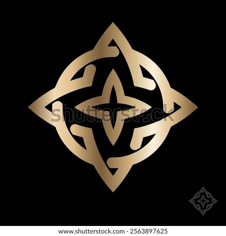 Wind rose symbol. Circle and four-pointed star or flower intertwined. Golden ornament.