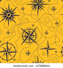 Wind rose , travel, abstract vector seamless pattern on yellow background. Concept for wallpaper, wrapping paper, cards , print 