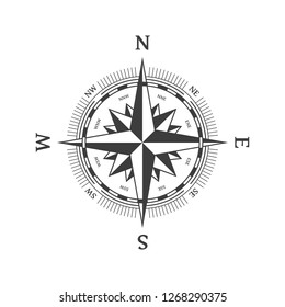 Wind rose vector illustration. Nautical compass icon isolated on white background. Vintage or retro nautical and marine navigation concepts. Design element for marine theme and heraldry. EPS 10.