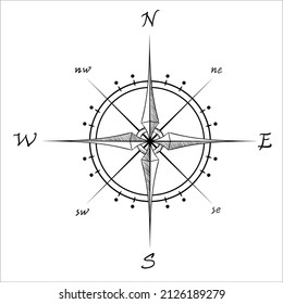 Wind rose vector illustration for tattoo, print, etc. Isolated sketch drawing in black-and-white