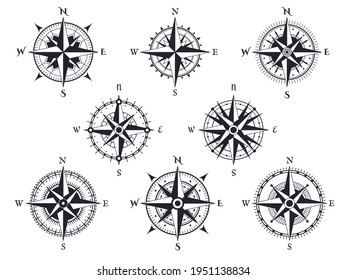 Wind rose. Vintage compass with north, south and west, east pointers. Cartography marine retro map sign or tattoo design vector set. Adventure expedition equipment, world discovery