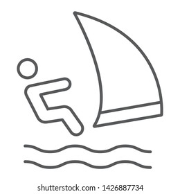 Wind sail surf thin line icon, sport and water, sailing sportsman sign, vector graphics, a linear pattern on a white background, eps 10.