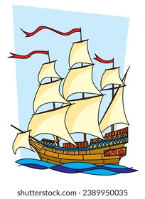 Wind in the sails. Sea adventures. A sailing ship. Stylized drawing for prints, poster and illustrations.