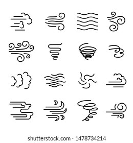 Wind Sign Black Thin Line Icon Set Include of Storm, Wave, Flowing and Swirl. Vector illustration of Icons