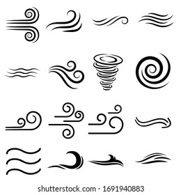 Wind Sign Black Thin Line Icon Set Include of Storm, Wave, Flowing and Swirl. Vector illustration of Icons