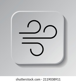 Icono de viento simple. Diseño plano. Icono negro en botón cuadrado con sombra. Fondo gris.ai