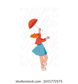 O vento arranca o guarda-chuva das mãos da menina na chuva