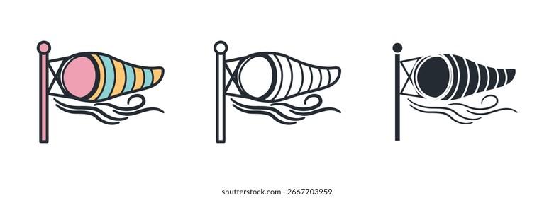 A wind sock blowing in the breeze. Represents wind direction, weather, air movement, and the potential of wind energy.