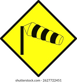 Wind sock warning sign with yellow diamond background. Indicates strong or gusty wind. Perfect for aviation, driving safety, road signs, or weather hazard icons
