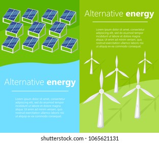 Wind and solar alternative energy generator. Green vector background. Eco sources of energy. Flat style design. Vector illustration with place for your text. Green earth ecology concept.