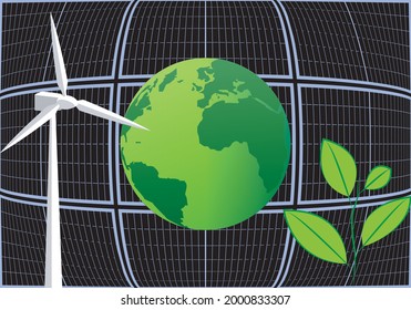 
Wind, solar and biomass energy generating a green planet. Wind turbine, solar or photovoltaic panels and biomass plant accompanying the green planet Earth. Sustainable energies