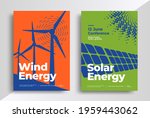 Wind and Solar energy poster design template. Flyers with renewable energy illustrations, solar panels, and wind generators. Vector