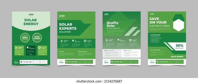 Plantilla de diseño de afiches de energía eólica y solar, plantillas de volante de energía solar, volante de soluciones de expertos solares, paquete de plantillas de diseño de volante de energía solar. Diseño de prospectos de afiches para ahorrar energía en verde