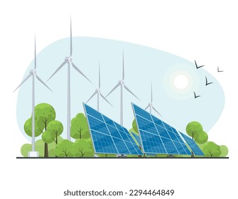 Generación eólica y solar. Paneles solares y turbinas eólicas sobre fondo natural. El concepto de producción alternativa de electricidad.