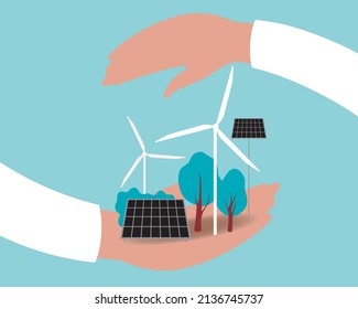 Wind And Solar Station In The Hands Of A Scientist. Flat Vector Stock Illustration. The Concept Of Renewable Energy Research And Conservation Of Nature, Ecology, Climate