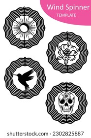 Wind Spinner template set isolated on white, vector silhouette design of spin yard decorations for sublimation. Garden decor hummingbird circle, skull and floral shapes svg