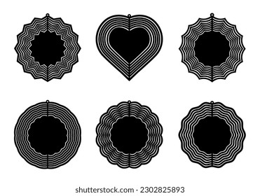 Wind Spinner template set isolated on white, vector silhouette design of spin yard decorations for sublimation. Garden decor blank circle, heart and floral shapes svg