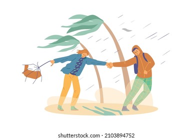 Wind Storm And Rain Hit People On The Beach, Flat Vector Illustration On White Background. Woman With Broken Umbrella And Man In Jacket Walk Through Hurricane Or Tornado.