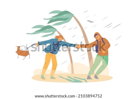 Wind storm and rain hit people on the beach, flat vector illustration on white background. Woman with broken umbrella and man in jacket walk through hurricane or tornado.