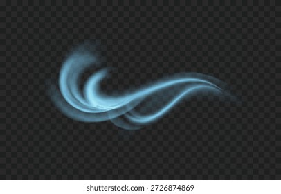 Wind stream isolated on transparent background. Vector cool air flow effect. Blue light wave, windy weather element or fresh water spray