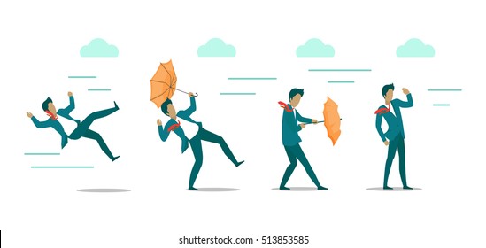 Wind strength levels. Windless breeze strong wind hurricane. Set of banners with wind levels. Man in different states during wind blowing. Natural disaster. Changeable weather. Vector illustration