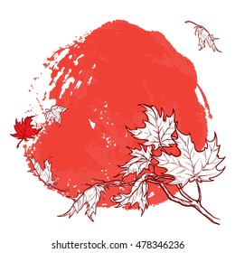 Wind stripping leaves off the Maple branch. Saturated Red grunge spot background. Autumn mood. Hand drawn sketch. EPS10 vector illustration.