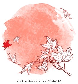 Wind stripping leaves off the Maple branch. Desaturated Red grunge spot background. Autumn mood. Hand drawn sketch. EPS10 vector illustration.