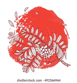 Wind stripping leaves off the Maple branch. Desaturated Red grunge spot background. Autumn mood. Hand drawn sketch. EPS10 vector illustration.