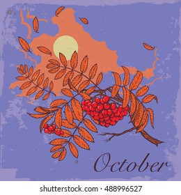 Wind stripping leaves off the Rowanberry branch. Stormy sky background. Autumn mood. Hand drawn sketch. Vintage poster. EPS10 vector illustration.