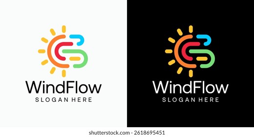 Wind and sun line vector logo design with modern, simple, clean and abstract style. Icon for business, weather and personal branding.