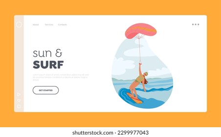 Wind Surf Landing Page Template. Female Character Riding Waves And Wind, Kite Surfer Harnesses A Kite To Launch Into The Air And Maneuver On Water Performing Tricks. Cartoon People Vector Illustration