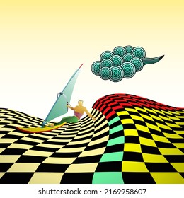 A wind surfer riding a psychedelic wave on a sailboard in a surreal landscape. Vector illustration.