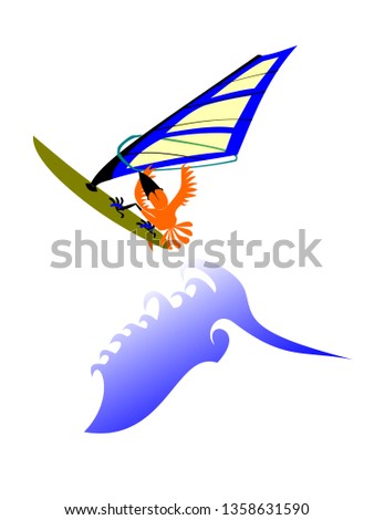 Wind surfer vector illustration, wave jump, extreme water sports, orange bird