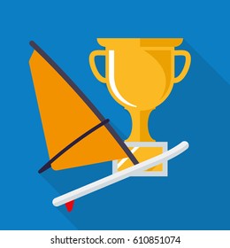 Wind surfing board and gold cup flat design long shadow icon