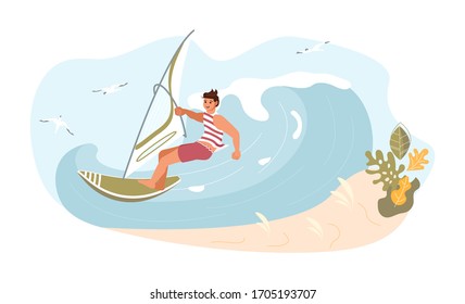 Wind Surfing concept. Young man have summer vacation on sea. Flat Art Vector Illustration