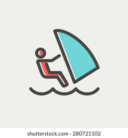Wind surfing icon thin line for web and mobile, modern minimalistic flat design. Vector icon with dark grey outline and offset colour on light grey background.